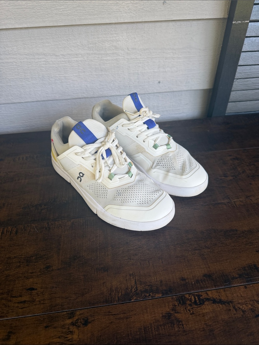 On Running Men's White Sneakers with Blue and Green Accents